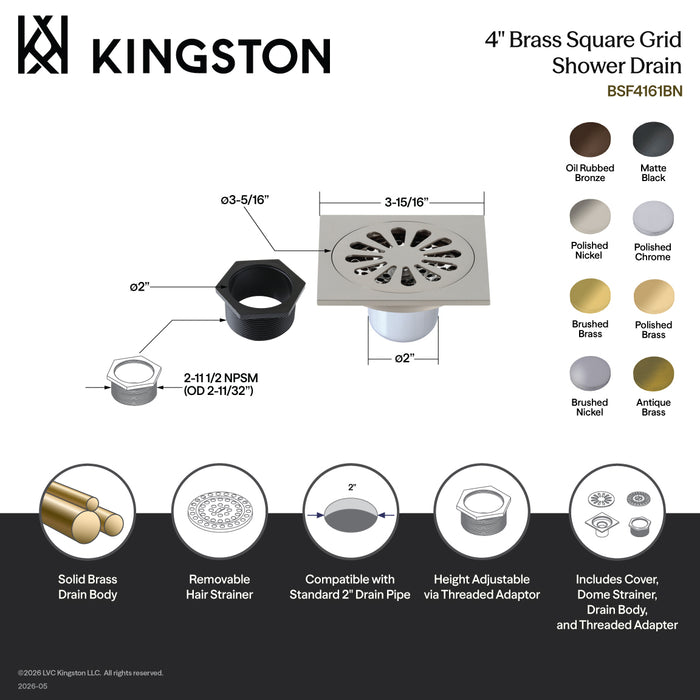 Kingston Brass BSF4161ORB Watercourse Sunburst 4" Brass Square Grid Shower Drain with Hair Strainer, Oil Rubbed Bronze
