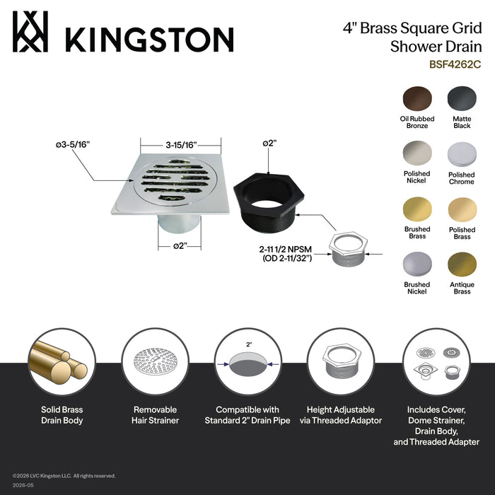 Kingston BSF4262ORB Watercourse Symmetric 4" Brass Square Grid Shower Drain with Hair Strainer, Oil Rubbed Bronze