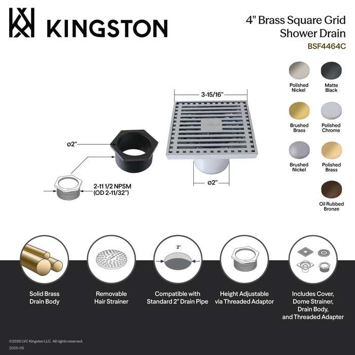 Kingston Brass BSF4464BN Watercourse 4" Brass Square Grid Shower Drain with Hair Strainer, Brushed Nickel