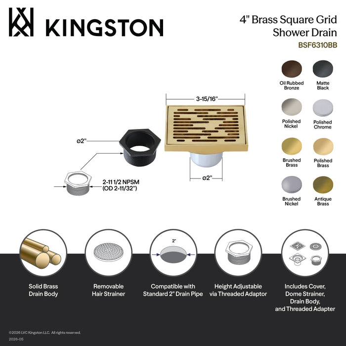 Kingston Brass BSF6310ORB Watercourse Transit 4" Brass Square Grid Shower Drain with Hair Strainer, Oil Rubbed Bronze