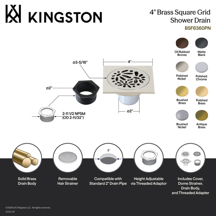 Kingston Brass BSF6360ORB Watercourse Floral 4" Brass Square Grid Shower Drain with Hair Strainer, Oil Rubbed Bronze