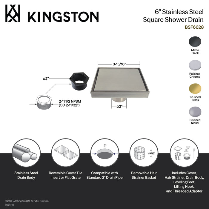 Kingston Brass BSF6621 Watercourse 6" Stainless Steel Square Shower Drain with Hair Catcher, Polished Chrome