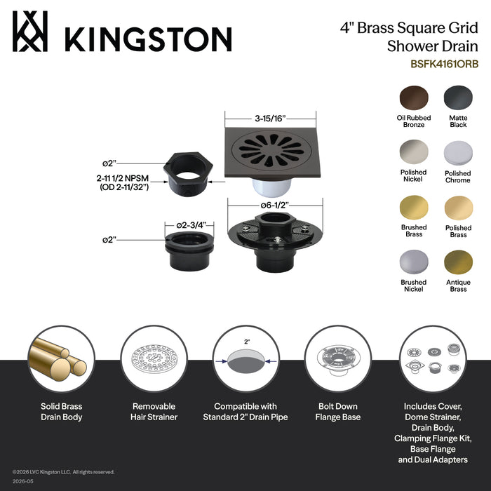 Kingston Brass BSFK4161ORB Watercourse 4" Brass Square Grid Shower Drain with Hair Strainer and Base Flange, Oil Rubbed Bronze