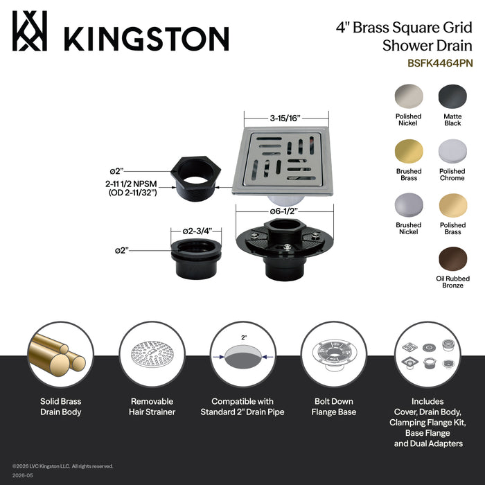 Kingston Brass BSFK4464BN Watercourse 4" Brass Square Grid Shower Drain with Hair Strainer and Base Flange, Brushed Nickel