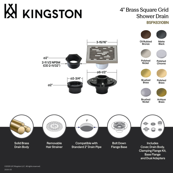 Kingston Brass BSFK6310ORB Watercourse 4" Brass Square Grid Shower Drain with Hair Strainer and Base Flange, Oil Rubbed Bronze