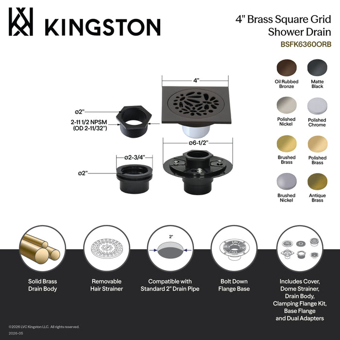Kingston Brass BSFK6360ORB Watercourse 4" Brass Square Grid Shower Drain with Hair Strainer and Base Flange, Oil Rubbed Bronze