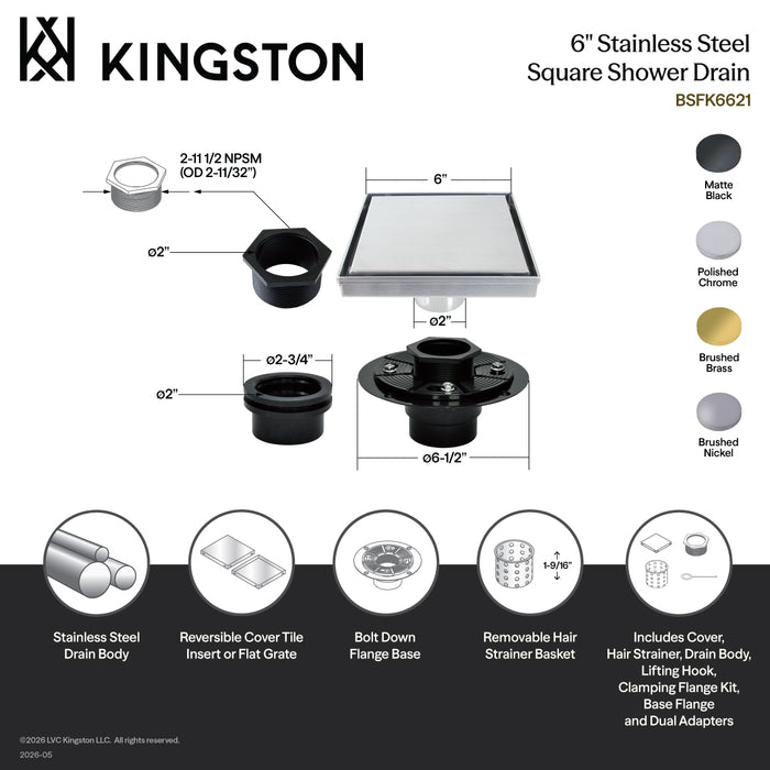 Kingston Brass BSFK6628 Watercourse 6" Stainless Steel Square Shower Drain with Flange, Brushed Nickel