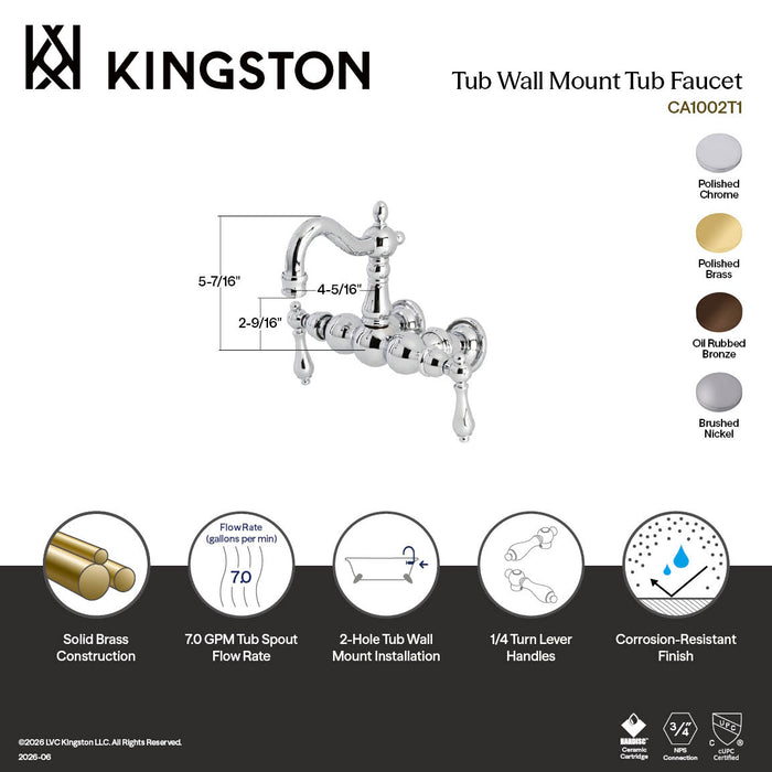 Kingston Brass CA1001T5 Heritage 3-3/8" Tub Wall Mount Clawfoot Tub Faucet, Oil Rubbed Bronze