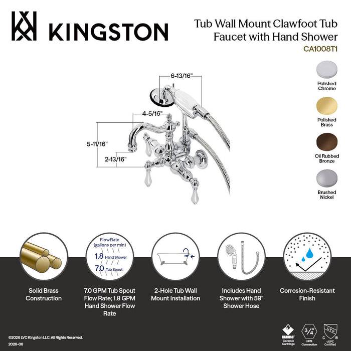 Kingston Brass CA1007T5 Heritage 3-3/8" Tub Wall Mount Clawfoot Tub Faucet with Hand Shower, Oil Rubbed Bronze