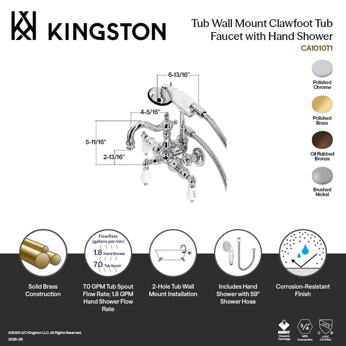 Kingston Brass CA1009T5 Heritage 3-3/8" Tub Wall Mount Clawfoot Tub Faucet with Hand Shower, Oil Rubbed Bronze