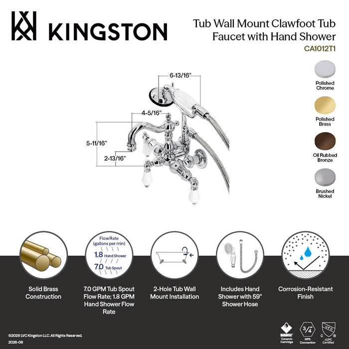 Kingston Brass CA1011T5 Heritage 3-3/8" Tub Wall Mount Clawfoot Tub Faucet with Hand Shower, Oil Rubbed Bronze