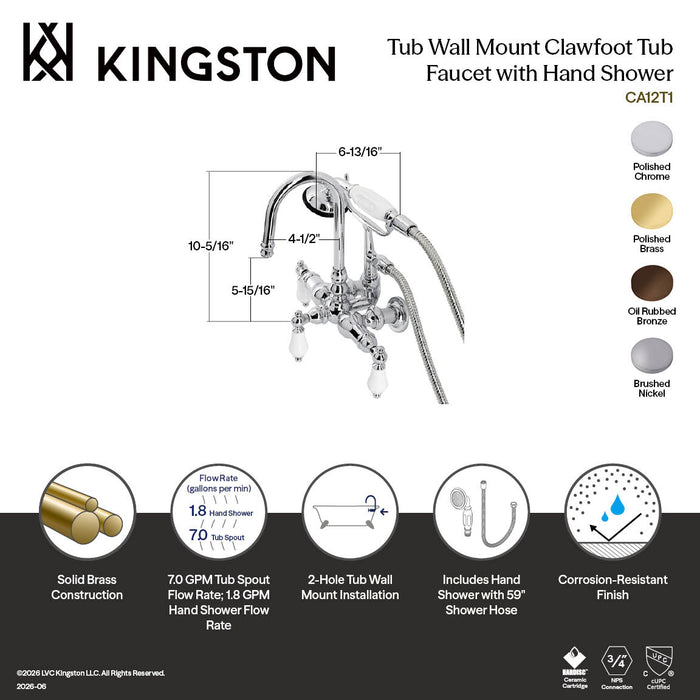 Kingston Brass CA11T5 Vintage 3-3/8" Tub Wall Mount Clawfoot Tub Faucet with Hand Shower, Oil Rubbed Bronze