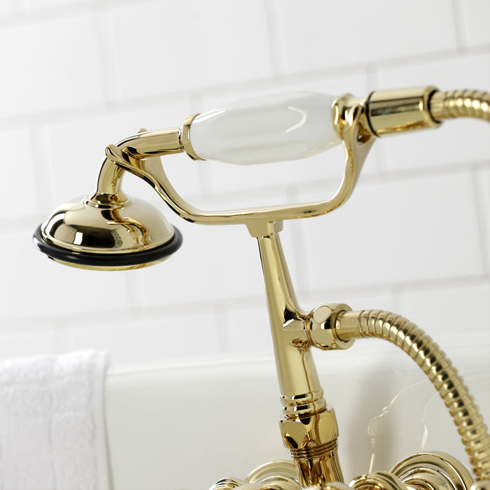 Kingston Brass CA19T2 Vintage 3-3/8" Tub Wall Mount Clawfoot Tub Faucet with Hand Shower, Polished Brass