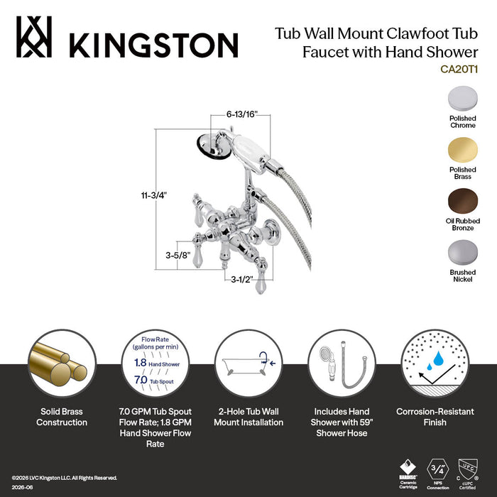 Kingston Brass CA19T5 Vintage 3-3/8" Tub Wall Mount Clawfoot Tub Faucet with Hand Shower, Oil Rubbed Bronze