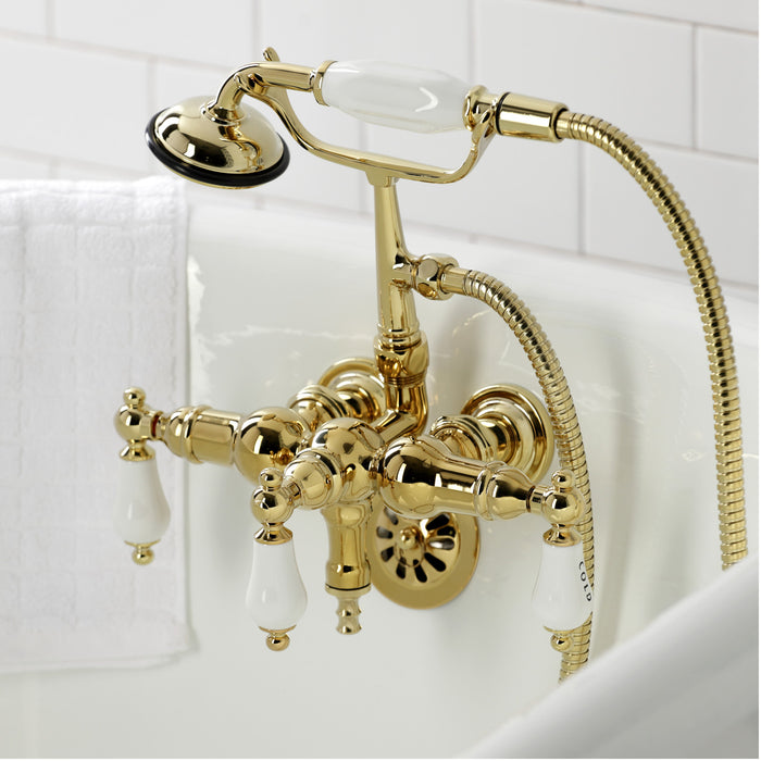 Kingston Brass CA21T2 Vintage 3-3/8" Tub Wall Mount Clawfoot Tub Faucet with Hand Shower, Polished Brass
