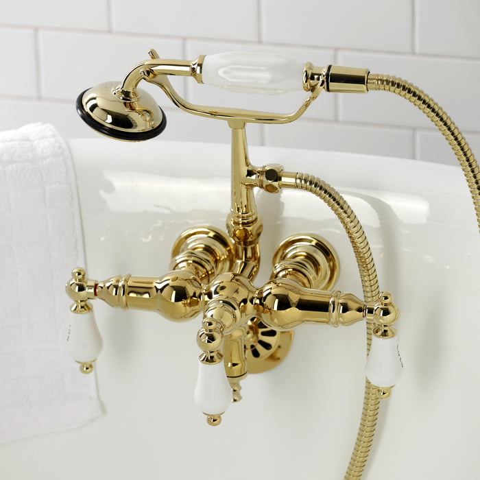 Kingston Brass CA21T2 Vintage 3-3/8" Tub Wall Mount Clawfoot Tub Faucet with Hand Shower, Polished Brass