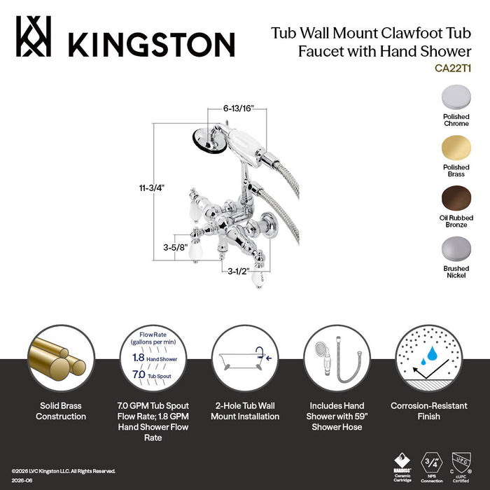 Kingston Brass CA21T5 Vintage 3-3/8" Tub Wall Mount Clawfoot Tub Faucet with Hand Shower, Oil Rubbed Bronze