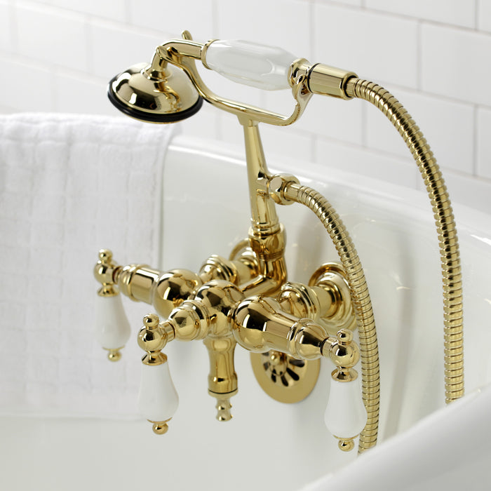 Kingston Brass CA23T2 Vintage 3-3/8" Tub Wall Mount Clawfoot Tub Faucet with Hand Shower, Polished Brass