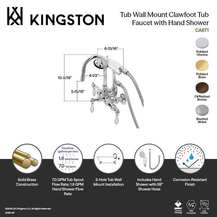 Kingston Brass CA7T5 Vintage 3-3/8" Tub Wall Mount Clawfoot Tub Faucet with Hand Shower, Oil Rubbed Bronze