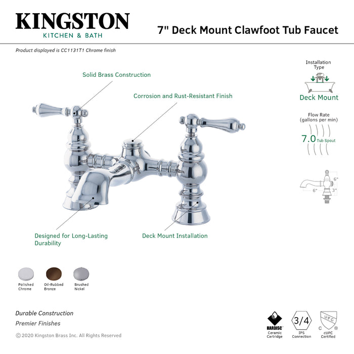 Kingston Brass CC1131T1 Heritage 7" Center Deck-Mount Clawfoot Tub Faucet, Polished Chrome