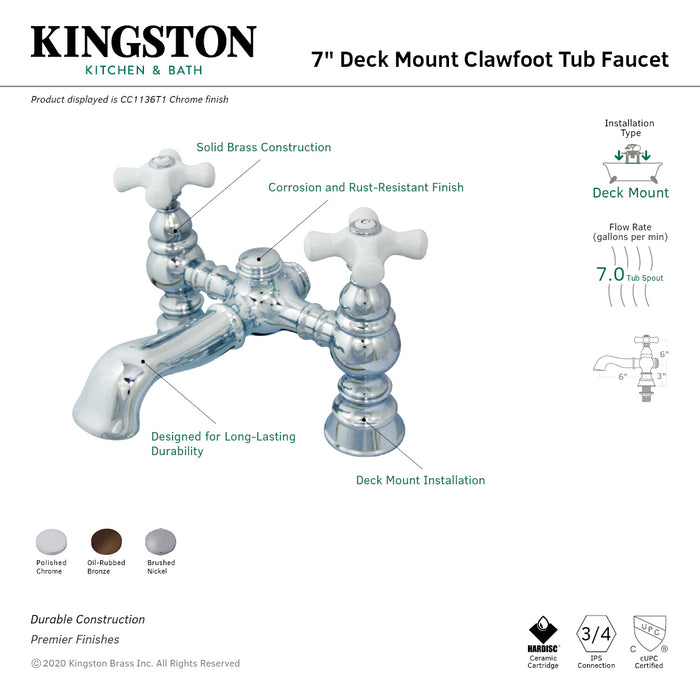 Kingston Brass CC1136T1 Vintage 7" Center Deck-Mount Clawfoot Tub Faucet, Polished Chrome