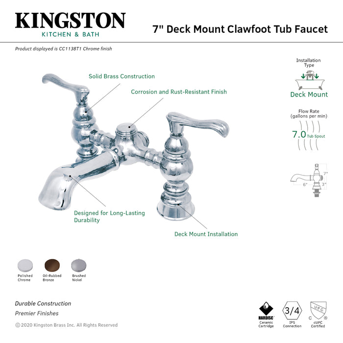 Kingston Brass CC1138T1 Vintage 7" Center Deck-Mount Clawfoot Tub Faucet, Polished Chrome