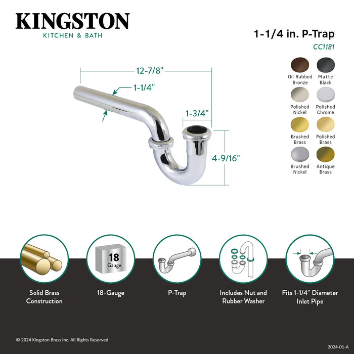 Kingston Brass CC1181 1-1/4" P-Trap without Flange, 12-7/8" Length, 18 Gauge, Polished Chrome
