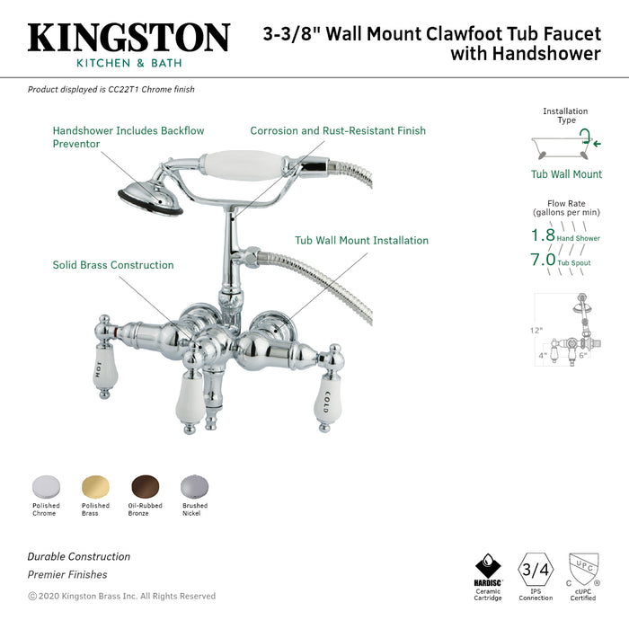 Kingston Brass CC21T2 Vintage 3-3/8-Inch Wall Mount Tub Faucet with Hand Shower, Polished Brass
