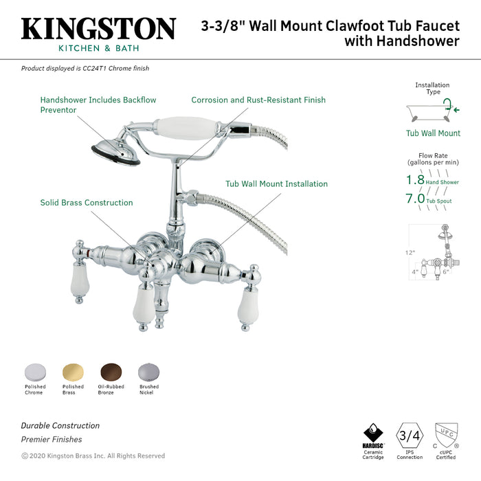Kingston Brass CC23T2 Vintage 3-3/8-Inch Wall Mount Tub Faucet with Hand Shower, Polished Brass
