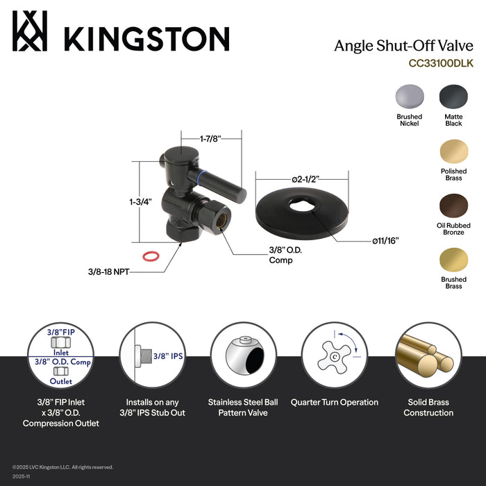 Kingston Brass CC33105DLK 3/8" FIP x 3/8" O.D. Comp Quarter-Turn Angle Shut-Off Valve with Flange, Oil Rubbed Bronze