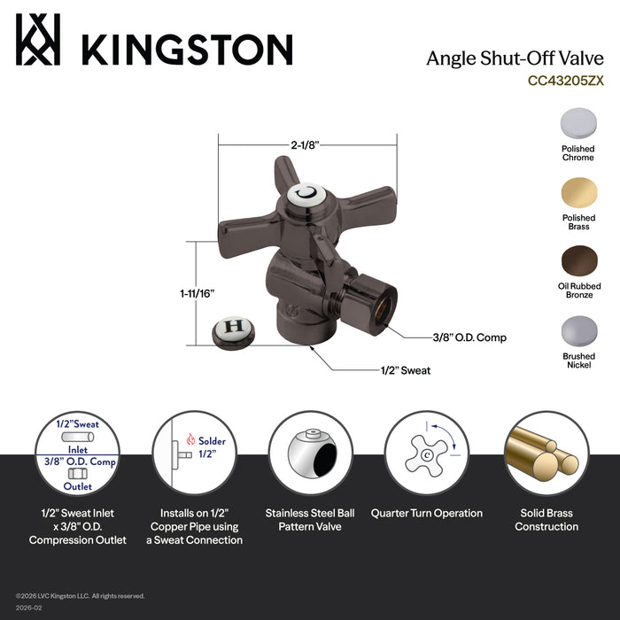 Kingston Brass CC43205ZX 1/2" Sweat x 3/8" O.D. Comp Angle Shut-Off Valve, Oil Rubbed Bronze