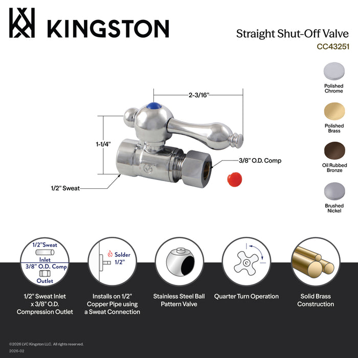 Kingston Brass CC43252 1/2" Sweat x 3/8" O.D. Comp Straight Shut-Off Valve, Polished Brass