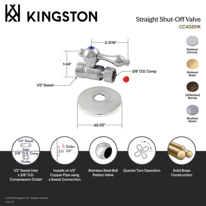 Kingston Brass CC43252K 1/2" Sweat x 3/8" O.D. Comp Quarter-Turn Straight Shut-Off Valve with Flange, Polished Brass