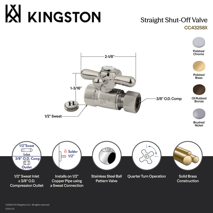 Kingston Brass CC43252X 1/2" Sweat x 3/8" O.D. Comp Straight Shut-Off Valve, Polished Brass
