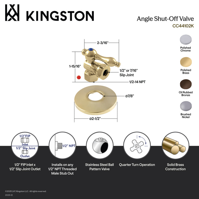Kingston Brass CC44105K 1/2" FIP x 1/2" or 7/16" Slip Joint Quarter-Turn Angle Shut-Off Valve with Flange, Oil Rubbed Bronze