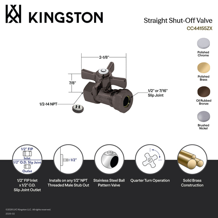Kingston Brass CC44155ZX 1/2" FIP x 1/2" or 7/16" Slip Joint Quarter-Turn Straight Shut-Off Valve, Oil Rubbed Bronze