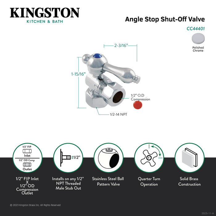 Kingston Brass CC44401 1/2" FIP x 1/2" O.D. Comp Quarter-Turn Angle Shut-Off Valve, Polished Chrome