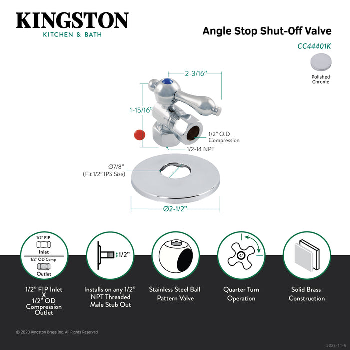Kingston Brass CC44401K 1/2" FIP x 1/2" O.D. Comp Quarter-Turn Angle Shut-Off Valve with Flange, Polished Chrome