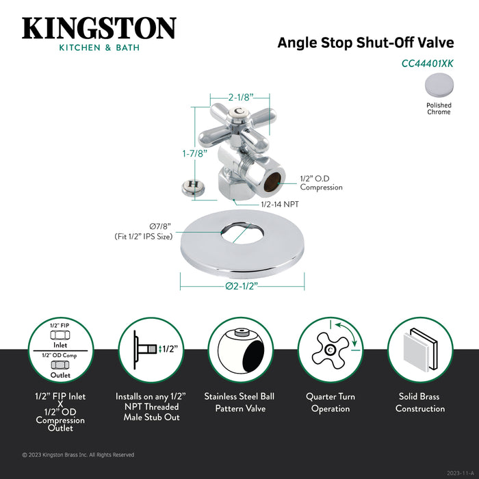 Kingston Brass CC44401XK 1/2" FIP x 1/2" O.D. Comp Quarter-Turn Angle Shut-Off Valve with Flange, Polished Chrome