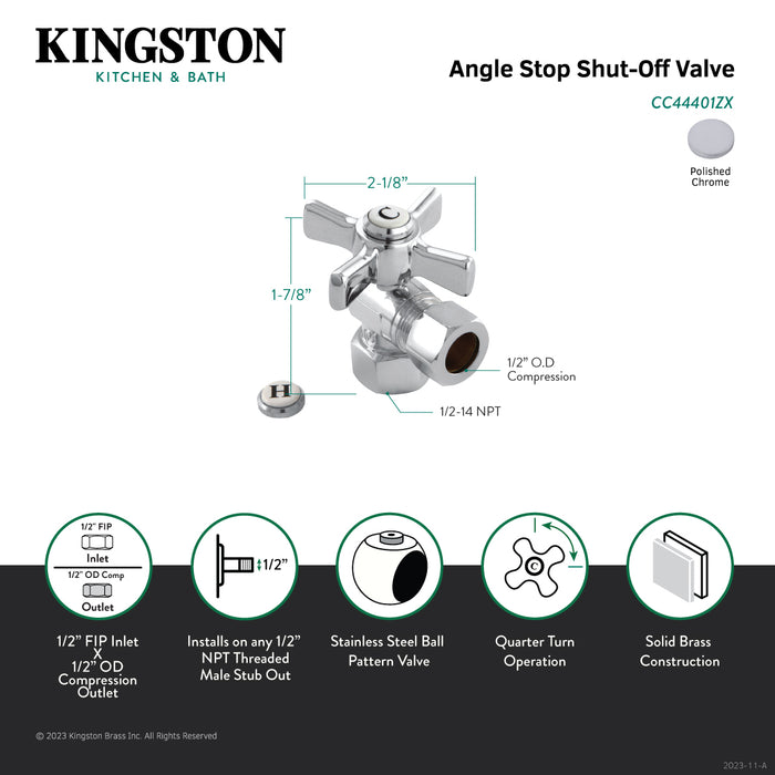 Kingston Brass CC44401ZX 1/2" FIP x 1/2" O.D. Comp Quarter-Turn Angle Shut-Off Valve, Polished Chrome