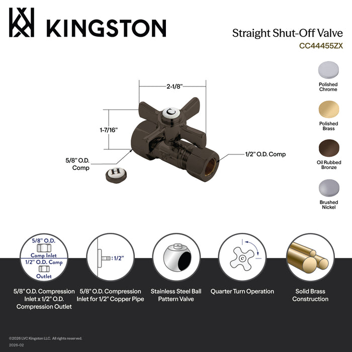 Kingston Brass CC44455ZX 5/8" O.D. Comp x 1/2" O.D. Comp Quarter-Turn Straight Shut-Off Valve, Oil Rubbed Bronze