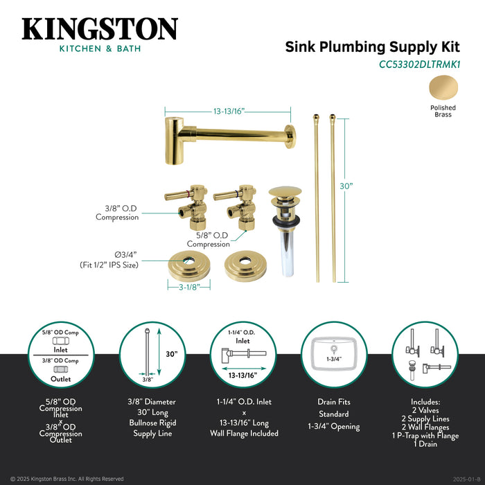 Kingston Brass CC53302DLTRMK1 Trimscape Modern Plumbing Sink Trim Kit with Bottle Trap and Drain (No Overflow), Polished Brass