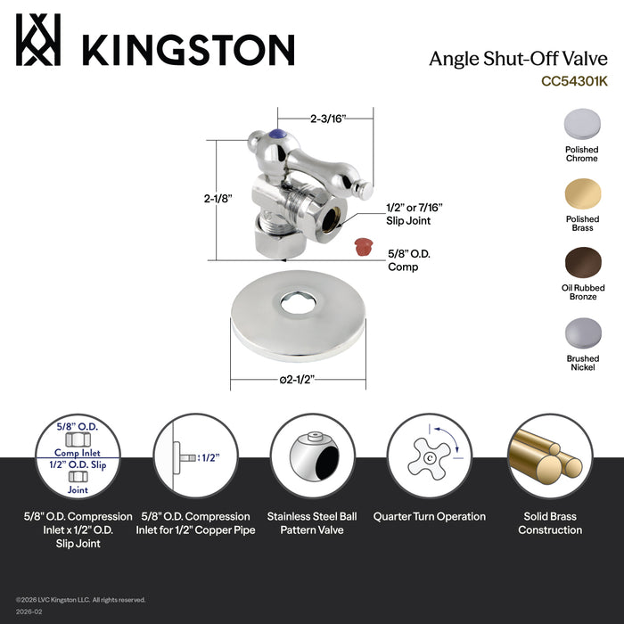 Kingston Brass CC54308K 5/8" O.D. Comp x 1/2" or 7/16" Slip Joint Quarter-Turn Angle Shut-Off Valve with Flange, Brushed Nickel