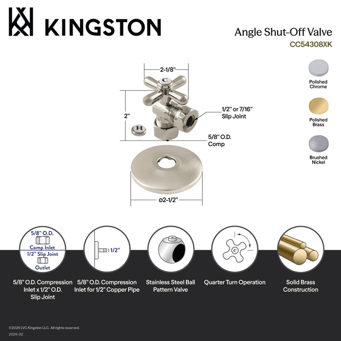 Kingston Brass CC54308XK 5/8" O.D. Comp x 1/2" or 7/16" Slip Joint Quarter-Turn Angle Shut-Off Valve with Flange, Brushed Nickel