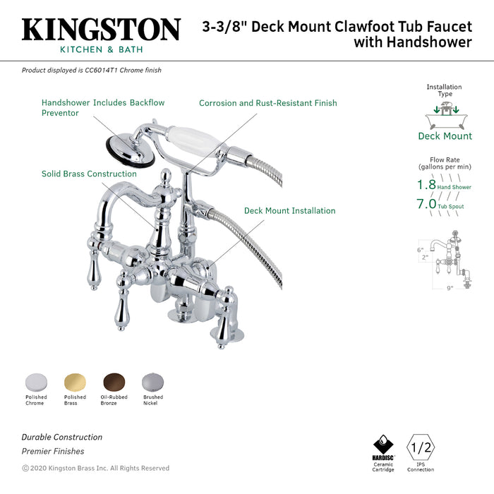 Kingston Brass CC6013T8 Vintage 3-3/8" Adjustable Center Deck-Mount Clawfoot Tub Faucet with Hand Shower, Brushed Nickel