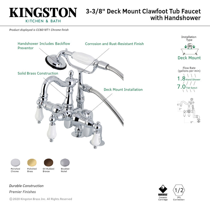 Kingston Brass CC6017T8 Vintage 3-3/8" Adjustable Center Deck-Mount Clawfoot Tub Faucet with Hand Shower, Brushed Nickel