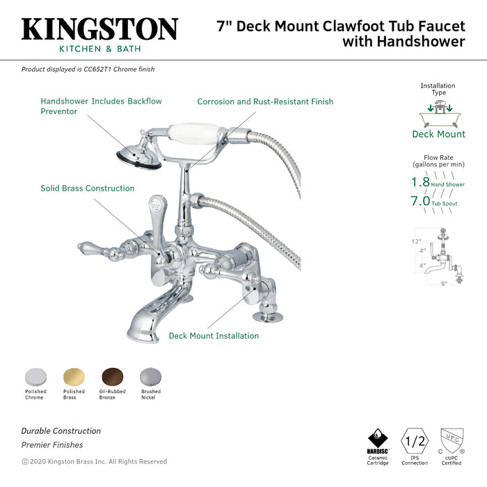 Kingston Brass CC651T8 Vintage 7" Adjustable Center Deck-Mount Clawfoot Tub Faucet with Hand Shower, Brushed Nickel