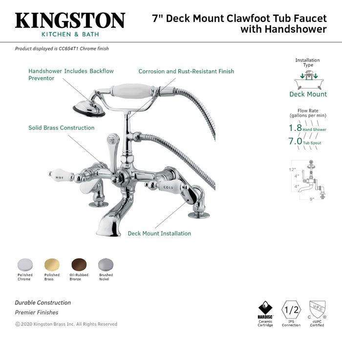 Kingston Brass CC653T8 Vintage 7" Adjustable Center Deck-Mount Clawfoot Tub Faucet with Hand Shower, Brushed Nickel