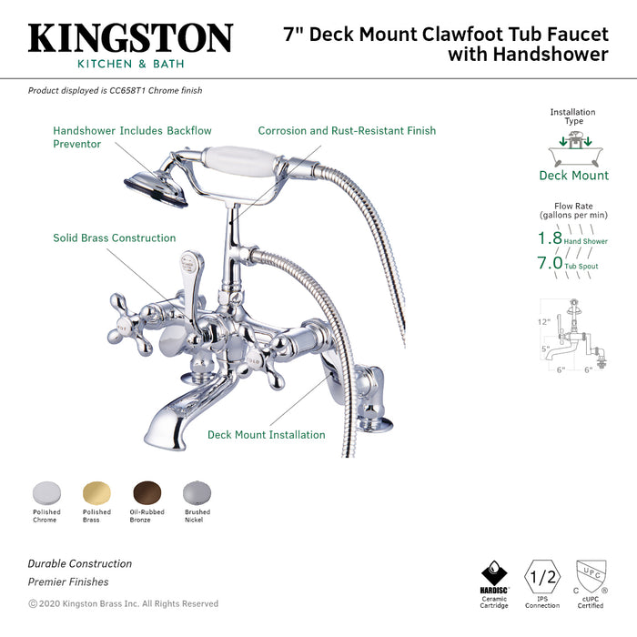 Kingston Brass CC657T8 Vintage 7" Adjustable Center Deck-Mount Clawfoot Tub Faucet with Hand Shower, Brushed Nickel