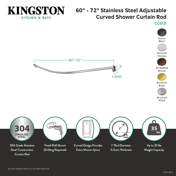 Kingston Brass CC6721 Edenscape 60"-72" Stainless Steel Adjustable Single Curved Shower Curtain Rod, Polished Chrome
